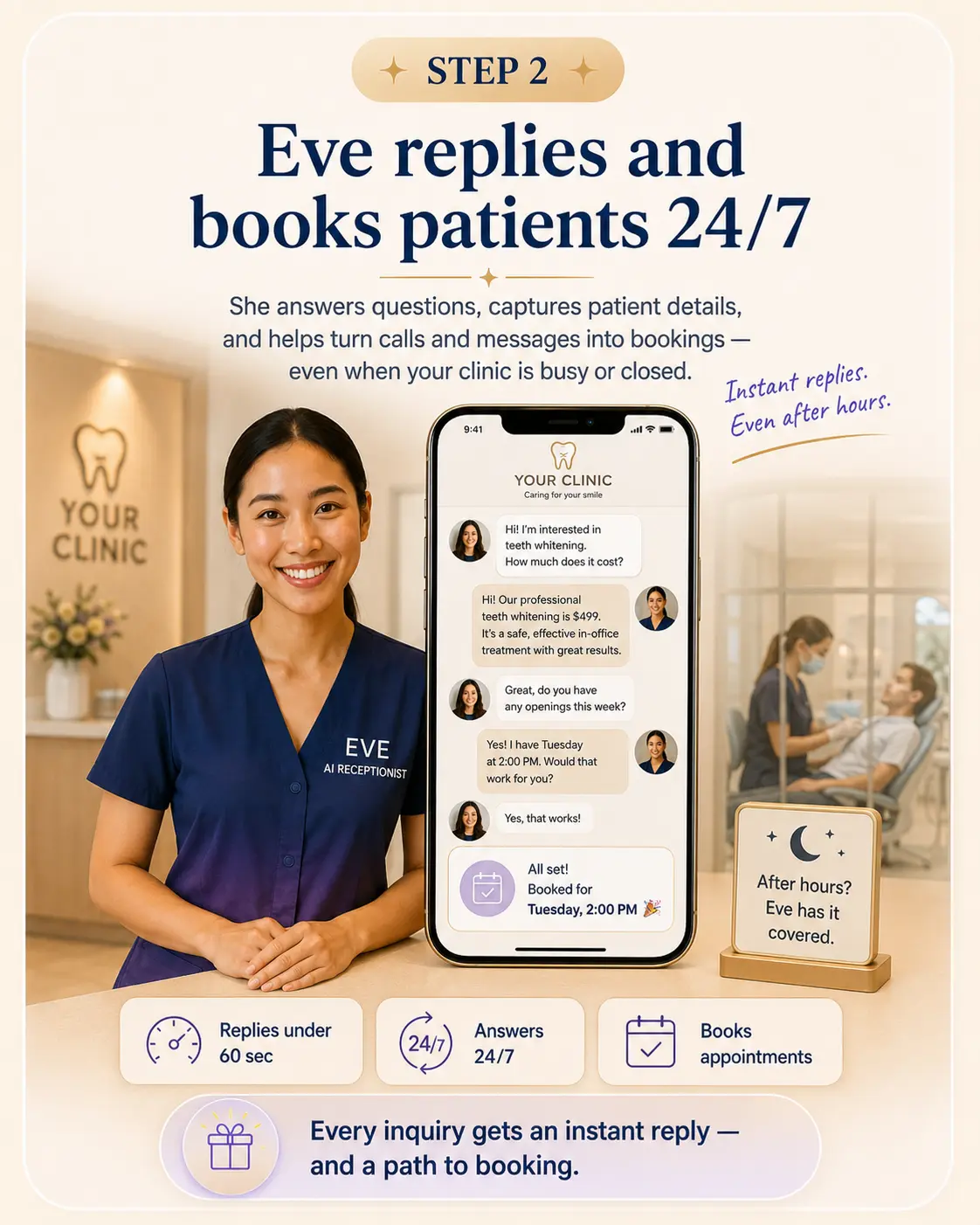Step 2 — Eve replies to patients and books appointments 24 hours a day