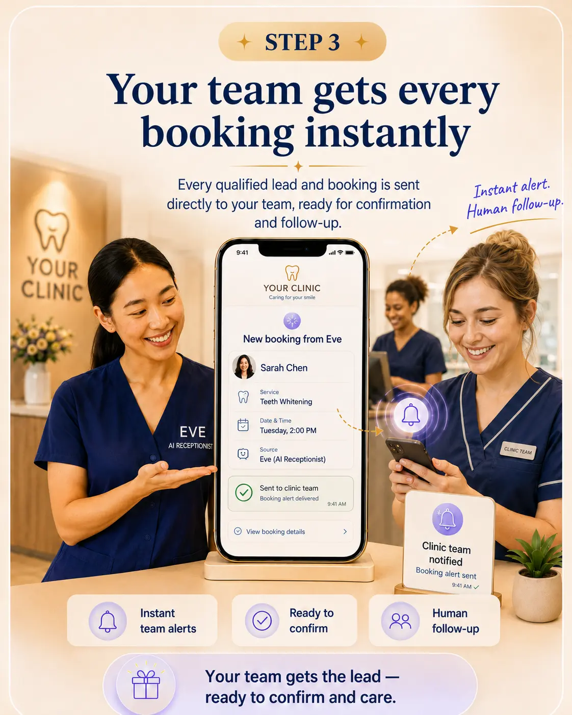 Step 3 — Your clinic team receives every booking instantly